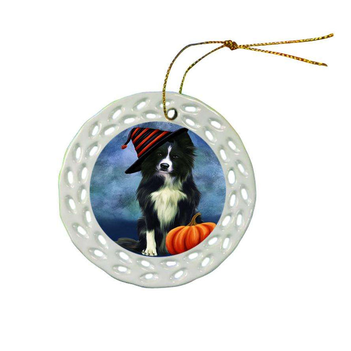 Happy Halloween Border Collie Dog Wearing Witch Hat with Pumpkin Ceramic Doily Ornament DPOR54955