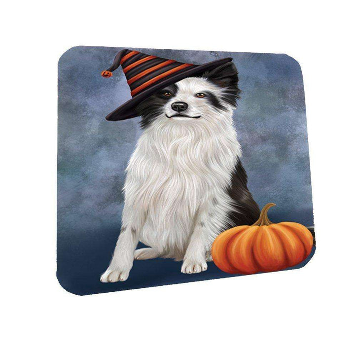 Happy Halloween Border Collie Dog Wearing Witch Hat with Pumpkin Coasters Set of 4