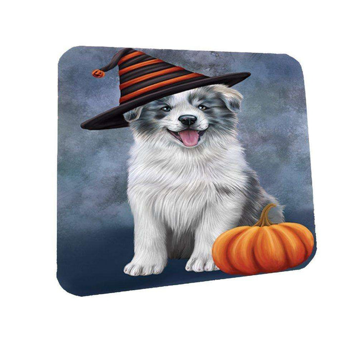 Happy Halloween Border Collie Dog Wearing Witch Hat with Pumpkin Coasters Set of 4