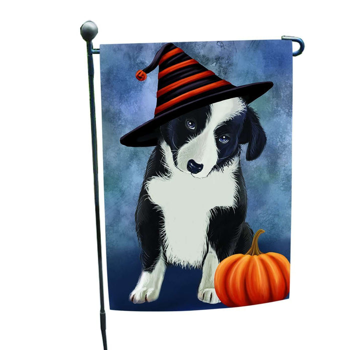 Happy Halloween Border Collie Dog Wearing Witch Hat with Pumpkin Garden Flag