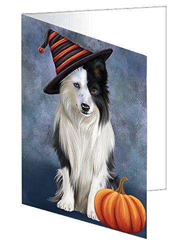 Happy Halloween Border Collie Dog Wearing Witch Hat with Pumpkin Handmade Artwork Assorted Pets Greeting Cards and Note Cards with Envelopes for All Occasions and Holiday Seasons D001