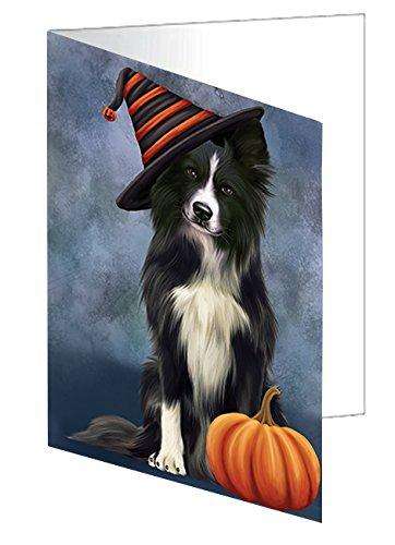 Happy Halloween Border Collie Dog Wearing Witch Hat with Pumpkin Handmade Artwork Assorted Pets Greeting Cards and Note Cards with Envelopes for All Occasions and Holiday Seasons D005