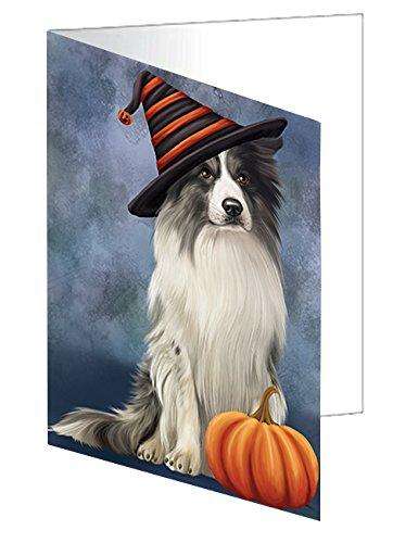 Happy Halloween Border Collie Dog Wearing Witch Hat with Pumpkin Handmade Artwork Assorted Pets Greeting Cards and Note Cards with Envelopes for All Occasions and Holiday Seasons D008
