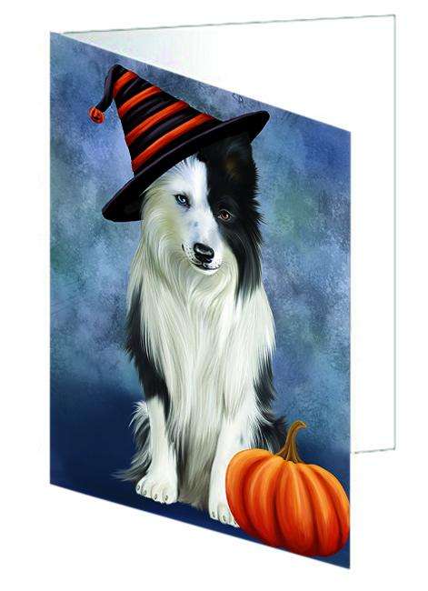 Happy Halloween Border Collie Dog Wearing Witch Hat with Pumpkin Handmade Artwork Assorted Pets Greeting Cards and Note Cards with Envelopes for All Occasions and Holiday Seasons GCD68681