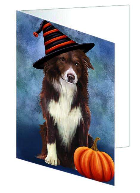 Happy Halloween Border Collie Dog Wearing Witch Hat with Pumpkin Handmade Artwork Assorted Pets Greeting Cards and Note Cards with Envelopes for All Occasions and Holiday Seasons GCD68684