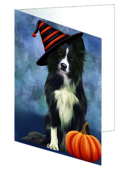 Happy Halloween Border Collie Dog Wearing Witch Hat with Pumpkin Handmade Artwork Assorted Pets Greeting Cards and Note Cards with Envelopes for All Occasions and Holiday Seasons GCD68687