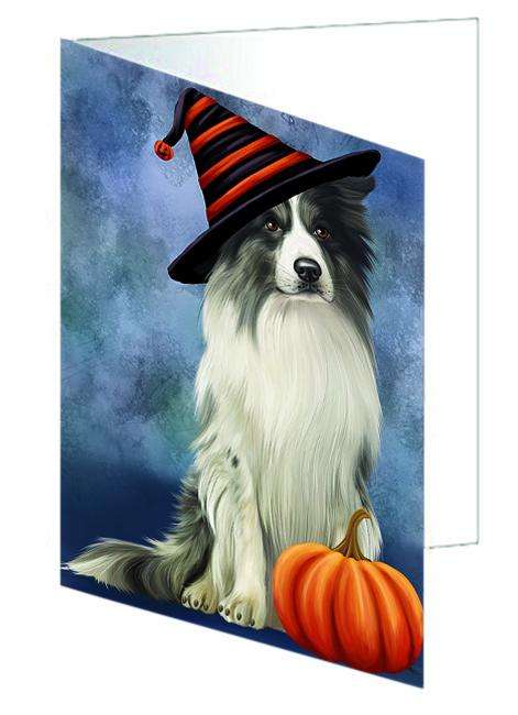 Happy Halloween Border Collie Dog Wearing Witch Hat with Pumpkin Handmade Artwork Assorted Pets Greeting Cards and Note Cards with Envelopes for All Occasions and Holiday Seasons GCD68690