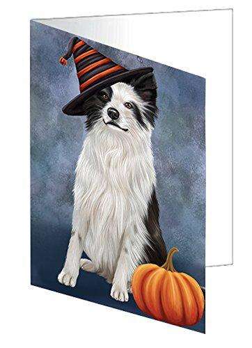 Happy Halloween Border Collie Dog Wearing Witch Hat with Pumpkin Handmade Artwork Assorted Pets Greeting Cards and Note Cards with Envelopes for All Occasions and Holiday Seasons