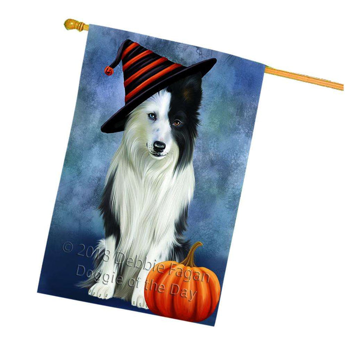 Happy Halloween Border Collie Dog Wearing Witch Hat with Pumpkin House Flag FLG55151