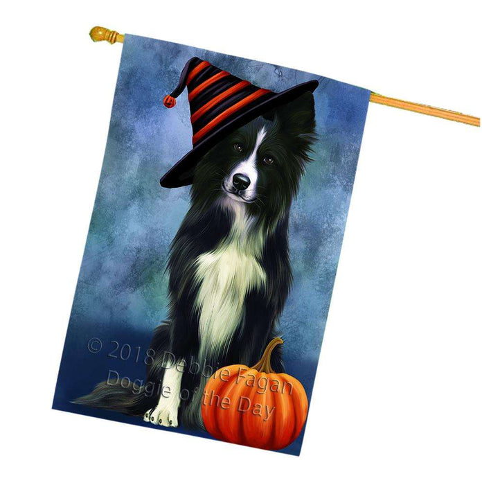 Happy Halloween Border Collie Dog Wearing Witch Hat with Pumpkin House Flag FLG55153