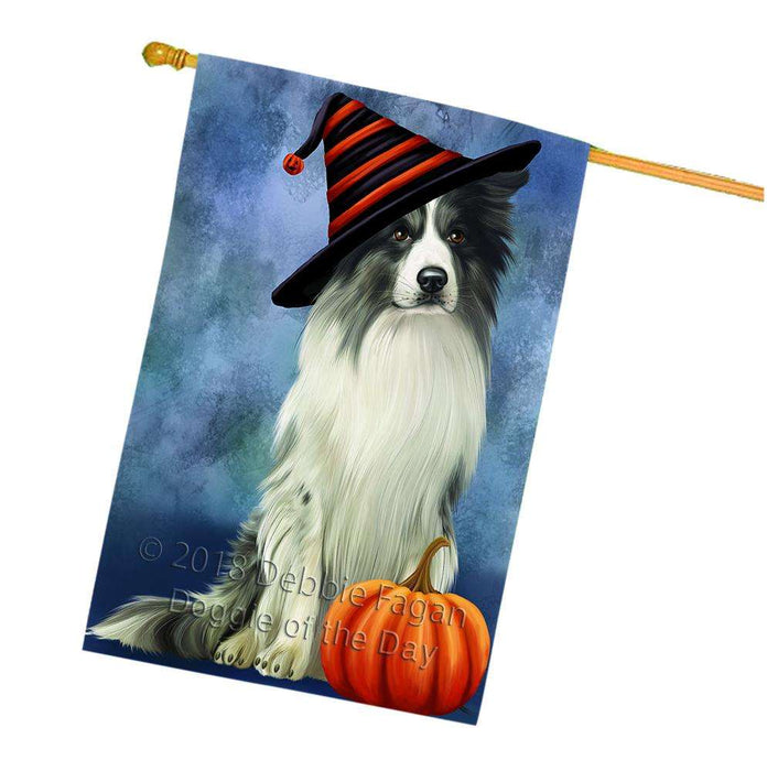 Happy Halloween Border Collie Dog Wearing Witch Hat with Pumpkin House Flag FLG55154