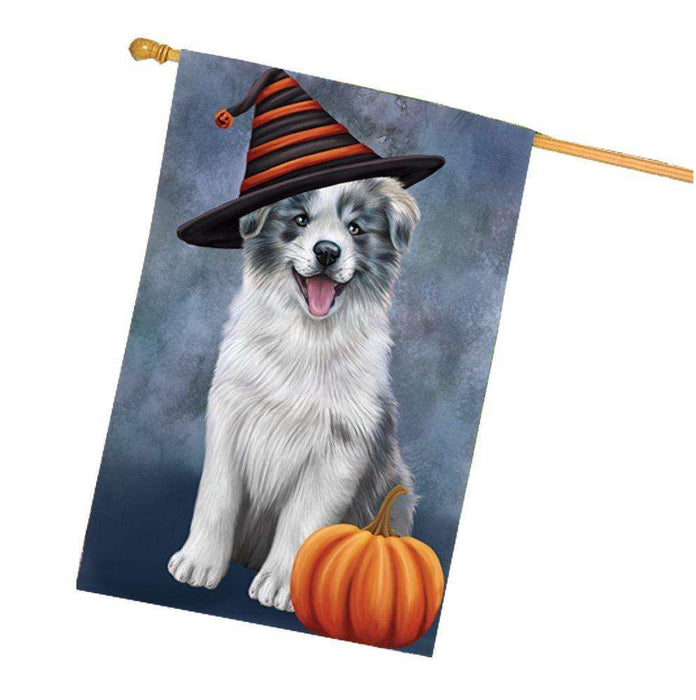 Happy Halloween Border Collie Dog Wearing Witch Hat with Pumpkin House Flag