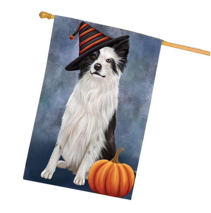 Happy Halloween Border Collie Dog Wearing Witch Hat with Pumpkin House Flag