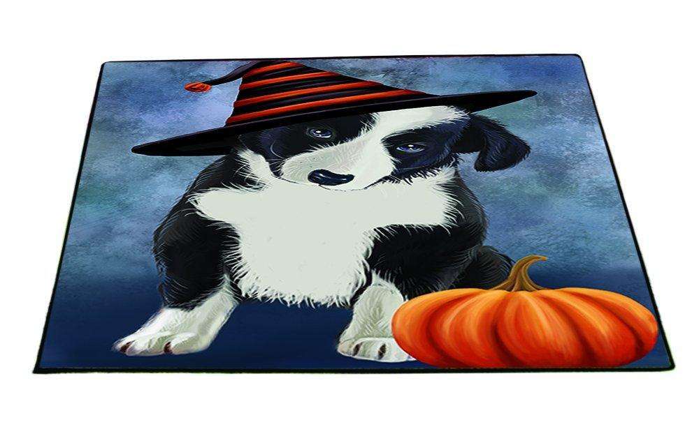 Happy Halloween Border Collie Dog Wearing Witch Hat with Pumpkin Indoor/Outdoor Floormat