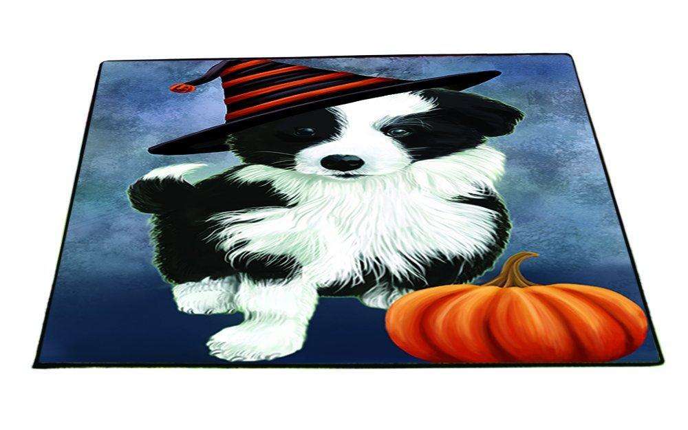 Happy Halloween Border Collie Dog Wearing Witch Hat with Pumpkin Indoor/Outdoor Floormat