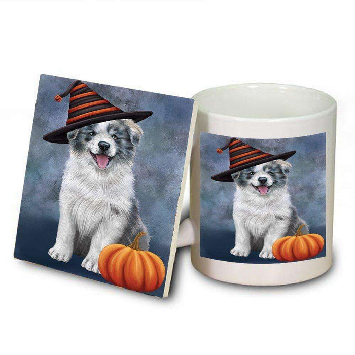 Happy Halloween Border Collie Dog Wearing Witch Hat with Pumpkin Mug and Coaster Set