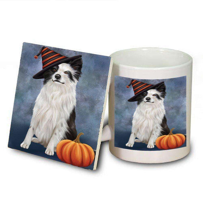Happy Halloween Border Collie Dog Wearing Witch Hat with Pumpkin Mug and Coaster Set
