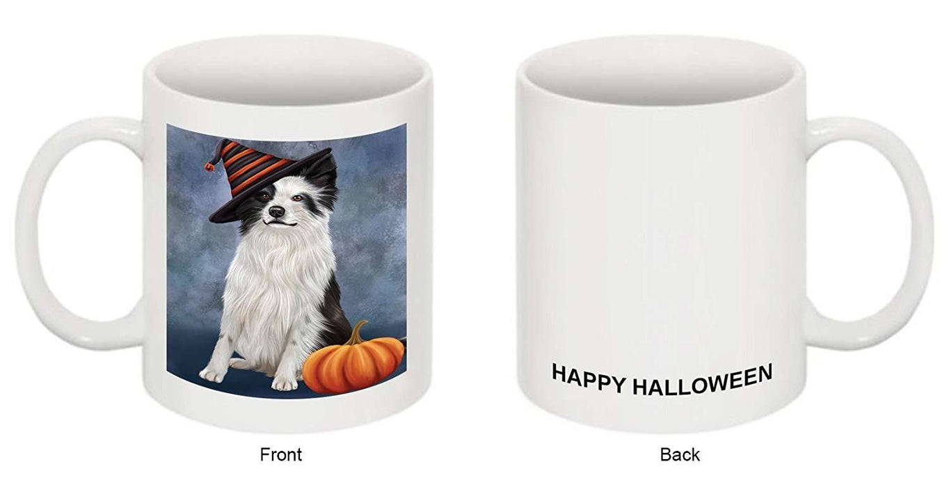 Happy Halloween Border Collie Dog Wearing Witch Hat with Pumpkin Mug