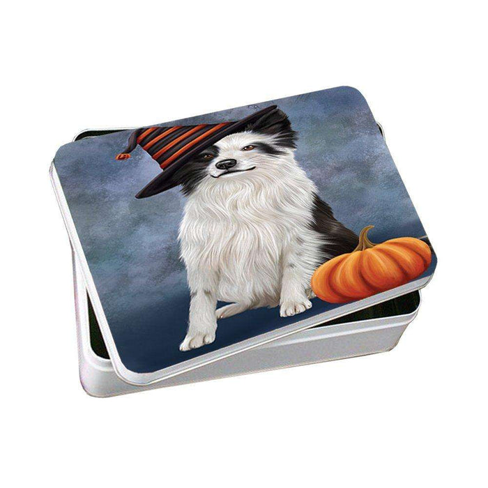 Happy Halloween Border Collie Dog Wearing Witch Hat with Pumpkin Photo Storage Tin