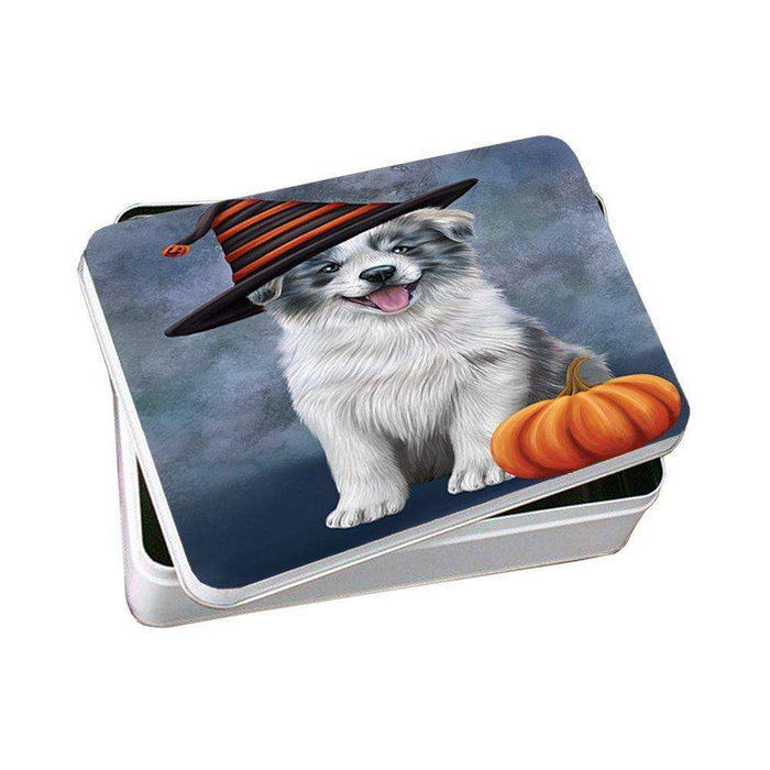 Happy Halloween Border Collie Dog Wearing Witch Hat with Pumpkin Photo Storage Tin