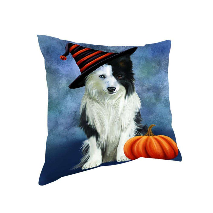 Happy Halloween Border Collie Dog Wearing Witch Hat with Pumpkin Pillow PIL76160