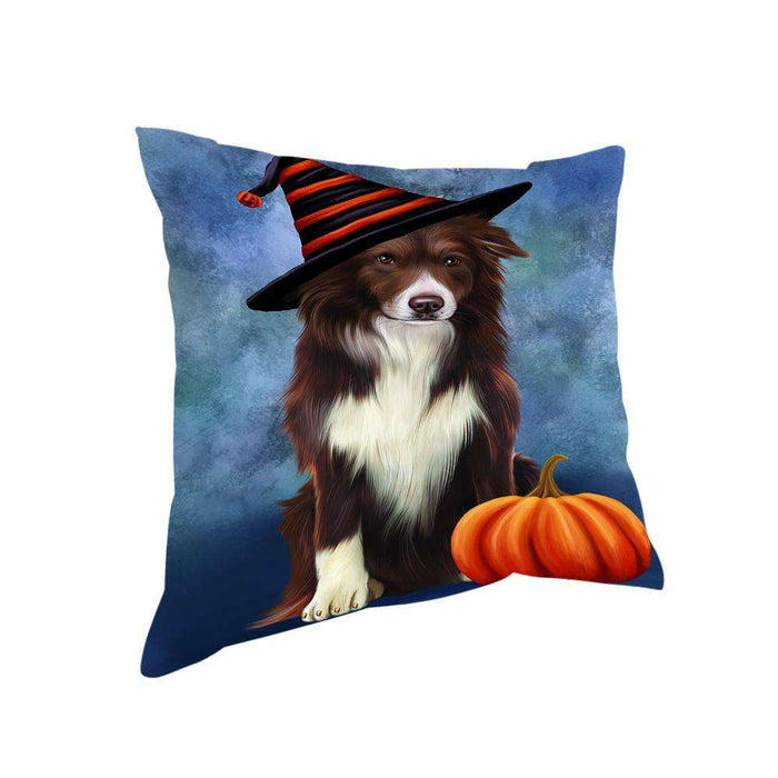 Happy Halloween Border Collie Dog Wearing Witch Hat with Pumpkin Pillow PIL76164