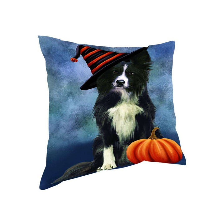 Happy Halloween Border Collie Dog Wearing Witch Hat with Pumpkin Pillow PIL76168