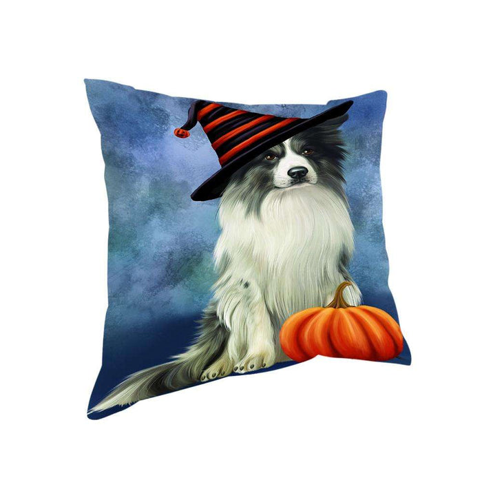 Happy Halloween Border Collie Dog Wearing Witch Hat with Pumpkin Pillow PIL76172