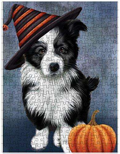 Happy Halloween Border Collie Dog Wearing Witch Hat with Pumpkin Puzzle with Photo Tin