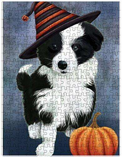 Happy Halloween Border Collie Dog Wearing Witch Hat with Pumpkin Puzzle with Photo Tin