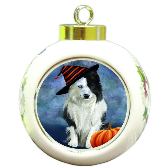 Happy Halloween Border Collie Dog Wearing Witch Hat with Pumpkin Round Ball Christmas Ornament RBPOR54953