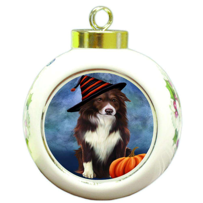 Happy Halloween Border Collie Dog Wearing Witch Hat with Pumpkin Round Ball Christmas Ornament RBPOR54954