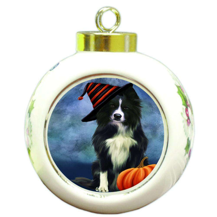Happy Halloween Border Collie Dog Wearing Witch Hat with Pumpkin Round Ball Christmas Ornament RBPOR54955
