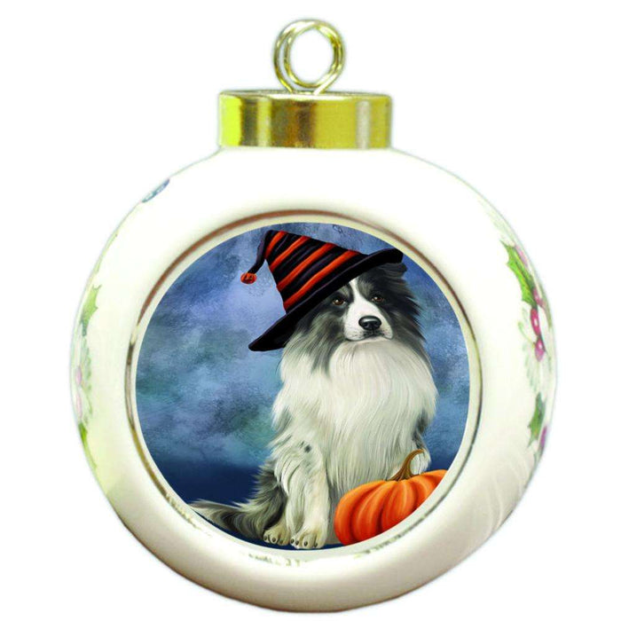 Happy Halloween Border Collie Dog Wearing Witch Hat with Pumpkin Round Ball Christmas Ornament RBPOR54956