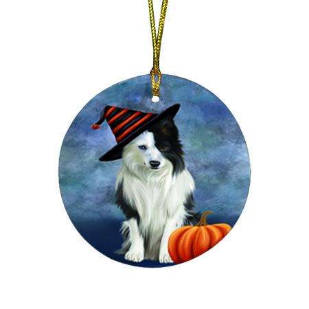 Happy Halloween Border Collie Dog Wearing Witch Hat with Pumpkin Round Flat Christmas Ornament RFPOR54944