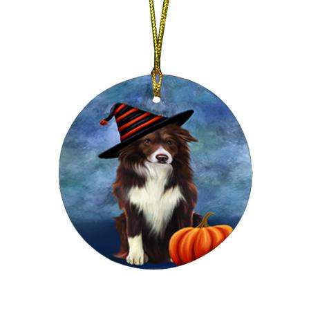 Happy Halloween Border Collie Dog Wearing Witch Hat with Pumpkin Round Flat Christmas Ornament RFPOR54945