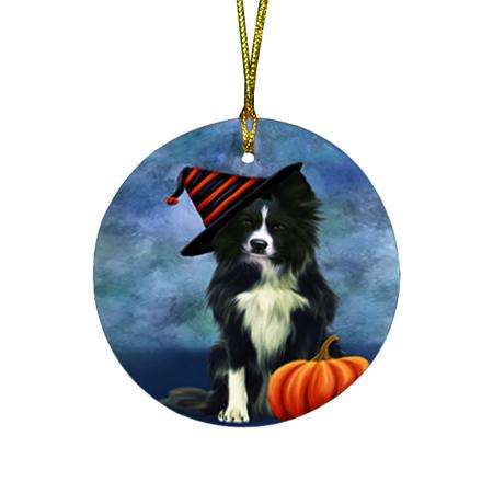 Happy Halloween Border Collie Dog Wearing Witch Hat with Pumpkin Round Flat Christmas Ornament RFPOR54946