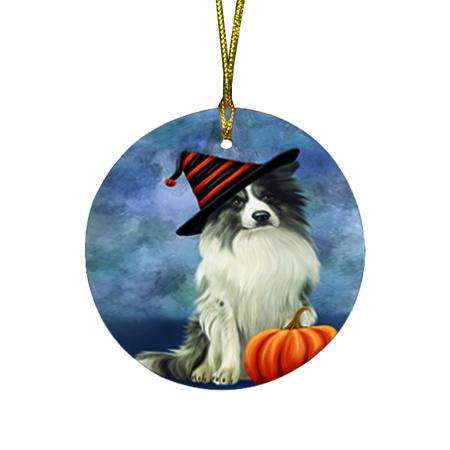 Happy Halloween Border Collie Dog Wearing Witch Hat with Pumpkin Round Flat Christmas Ornament RFPOR54947