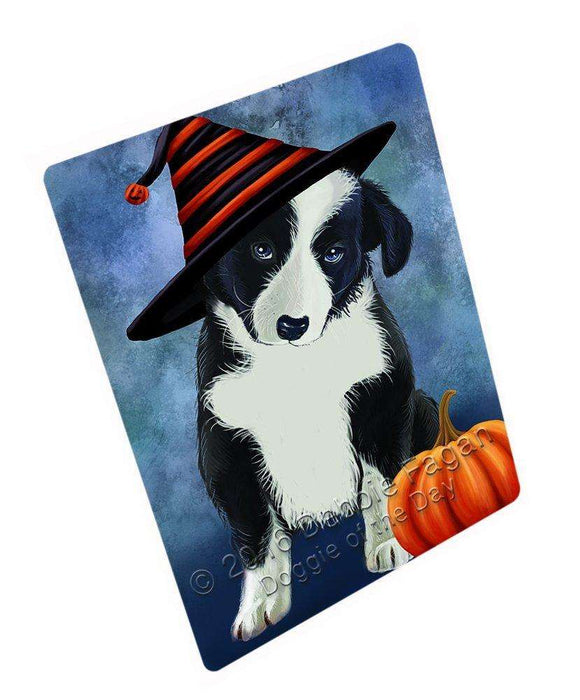 Happy Halloween Border Collie Dog Wearing Witch Hat with Pumpkin Tempered Cutting Board