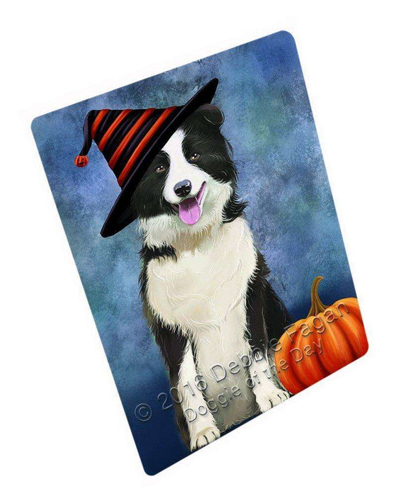 Happy Halloween Border Collie Dog Wearing Witch Hat with Pumpkin Tempered Cutting Board