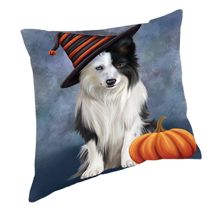 Happy Halloween Border Collie Dog Wearing Witch Hat with Pumpkin Throw Pillow D075