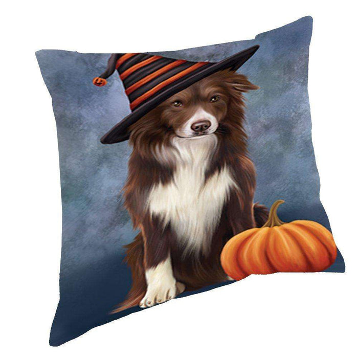 Happy Halloween Border Collie Dog Wearing Witch Hat with Pumpkin Throw Pillow D077