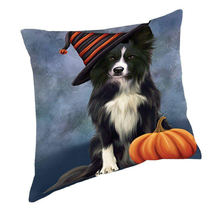 Happy Halloween Border Collie Dog Wearing Witch Hat with Pumpkin Throw Pillow D079