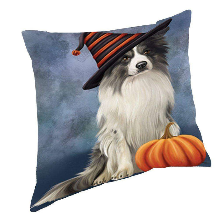 Happy Halloween Border Collie Dog Wearing Witch Hat with Pumpkin Throw Pillow D081