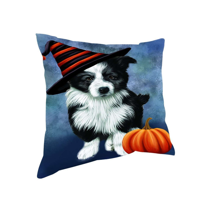 Happy Halloween Border Collie Dog Wearing Witch Hat with Pumpkin Throw Pillow