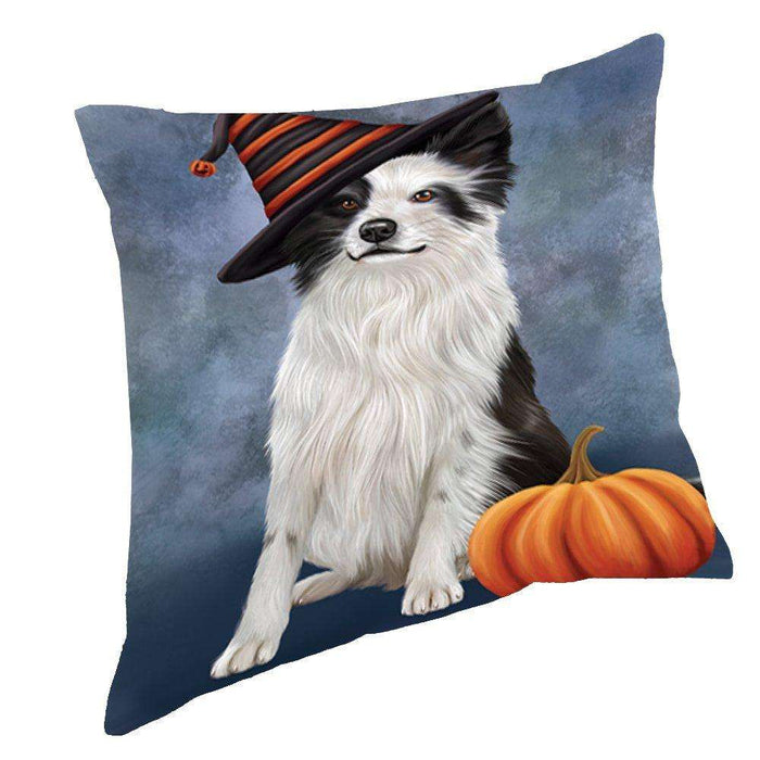 Happy Halloween Border Collie Dog Wearing Witch Hat with Pumpkin Throw Pillow