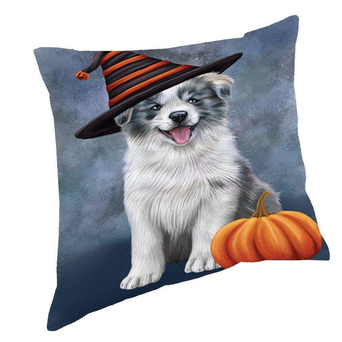 Happy Halloween Border Collie Dog Wearing Witch Hat with Pumpkin Throw Pillow