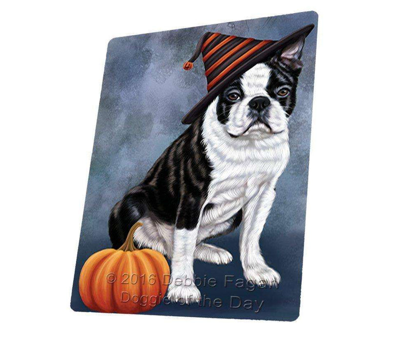 Happy Halloween Boston Terriers Dog Wearing Witch Hat with Pumpkin Art Portrait Print Woven Throw Sherpa Plush Fleece Blanket