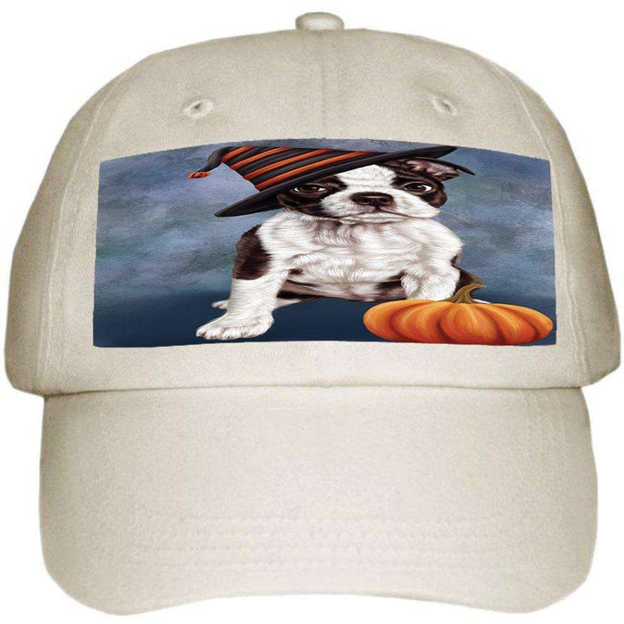 Happy Halloween Boston Terriers Dog Wearing Witch Hat with Pumpkin Ball Hat Cap