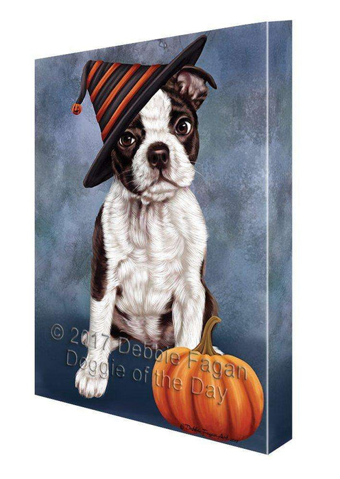Happy Halloween Boston Terriers Dog Wearing Witch Hat with Pumpkin Canvas Wall Art